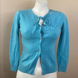 FiFi Collection soft blue button front cardigan with tie neck and embroidery 🦋💙